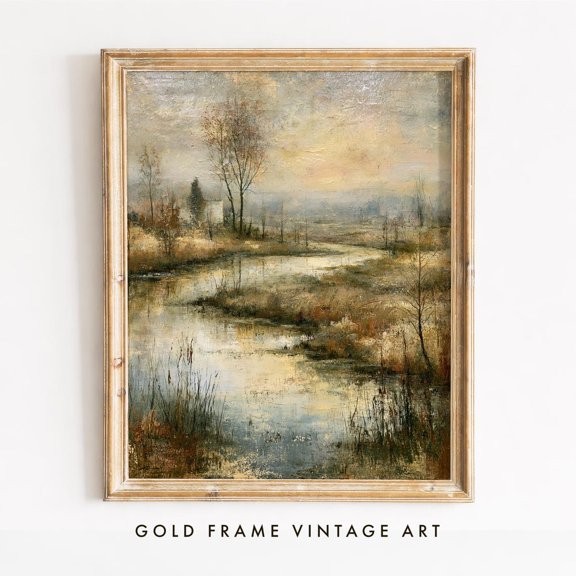 Landscape Vintage Cottage Autumn Stream Rustic Marsh Sepia Tones