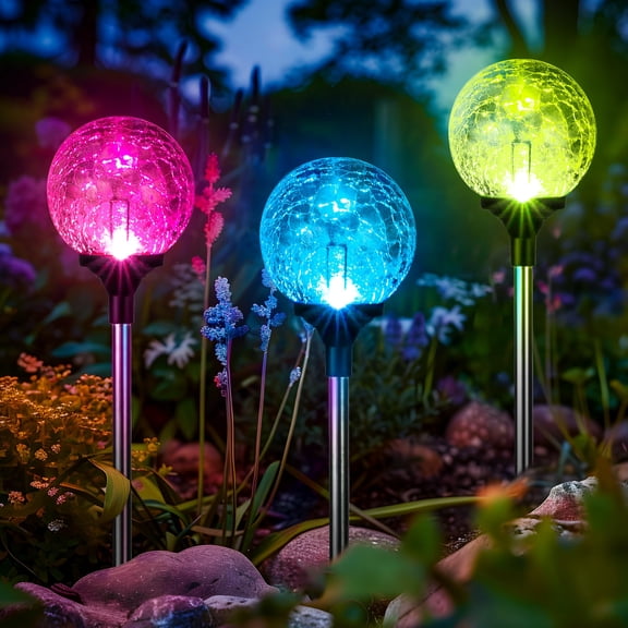 Landscape & Walkway Lights 3pack Multi-colored Changing Cracked Glass Ball Solar-Powered
