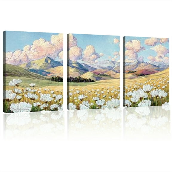 Landscape Wall Art, Floral Wall Art, Large Wall Decor, White Flower Field Canvas Painting, Rustic Wall Decor Living Room, Wilderness Art Prints Modern Farmhouse Kitchen Decoration 12x16x3pcs