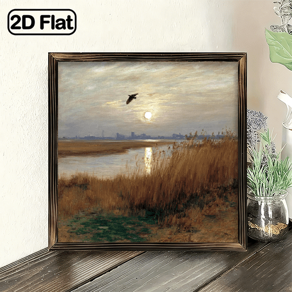 Landscape Wall Art Print, 8x8 Inch Decorative Signs & Plaques, Serene Sunset River Painting with Flying Bird, Classic Framed Fine Art for Living Room Bedroom Office Home Decor, Thoughtf