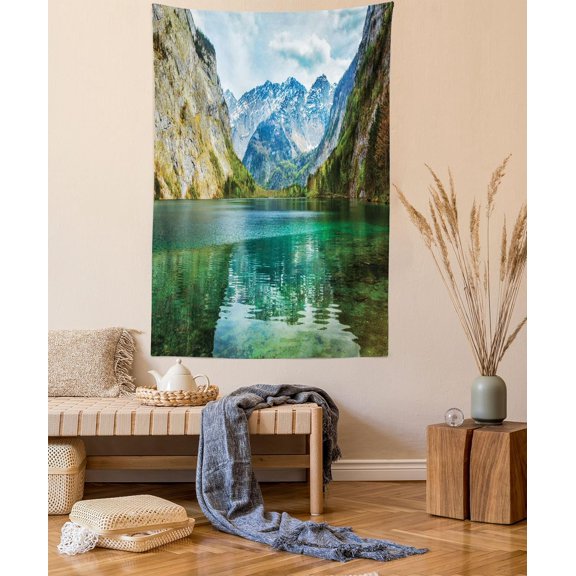Landscape Wall Tapestry, Serene Mountain Lake Valley Design, 40" x 60", Jade Green, Wall Hanging for Bedroom Living Room Dorm Decor