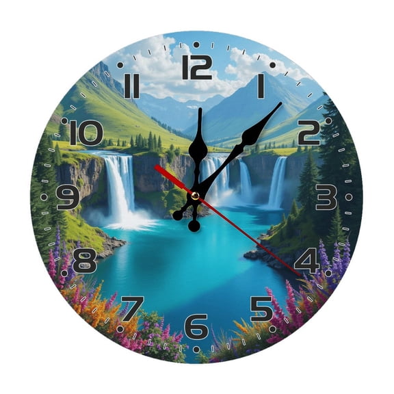 Landscape Waterfall Mountain Wall Clock 10 Inch Silent Non Ticking Round Clock Decoration for Living Room Kitchen Bedroom Bathroom Office Classroom