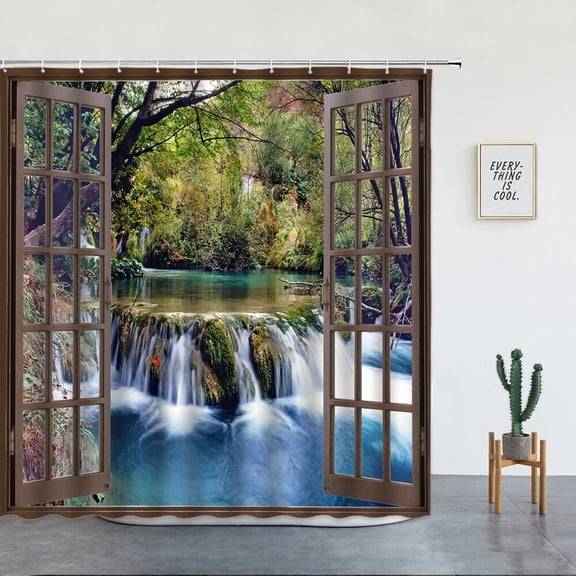 Landscape Waterfall Shower Curtain Tropical Jungle Plant Water Green Waterproof Curtains Nature Scenery Bathroom Decor Set
