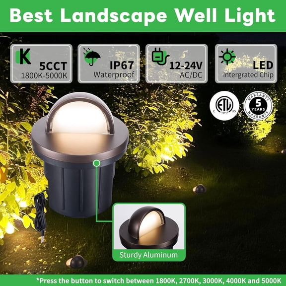 Landscape Well Lights, 5 CCT Selectable (Warm to Cool White) LED Low Voltage Ground Lights Outdoor, 12V IP67 Waterproof, Anti-Glare Wired Aluminum ORB for Outside Path Tree Walkway 6W 420LM