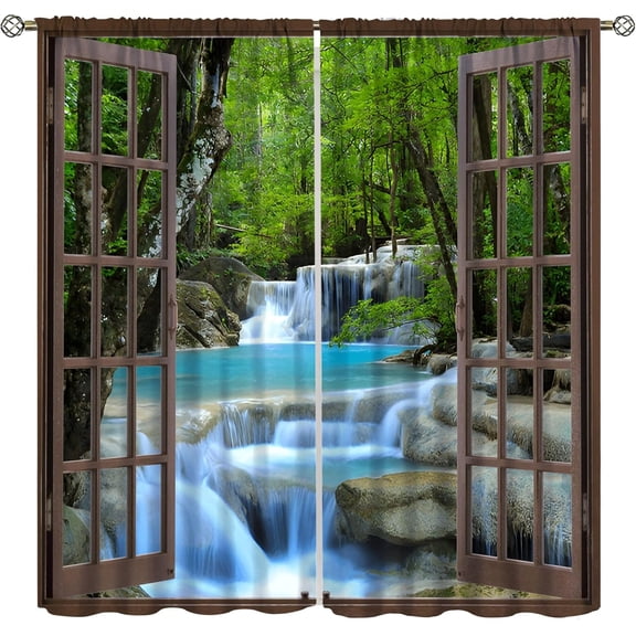 Landscape Window Curtains, Forest Waterfall High Mountains Lake Rustic Window Curtains Bedroom Living Room Kitchen 2Panels Set 84x84 Inch