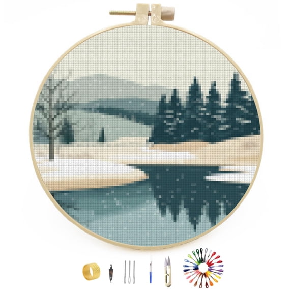 Landscape Winter Snow Lake and Trees DIY Stamped Cross Stitch Kits Easy for Beginners with Hoop 11CT Counted Embroidery Needlepoint Crafts Arts for Handmade Enthusiasts and Home Decor 30x30cm(3)
