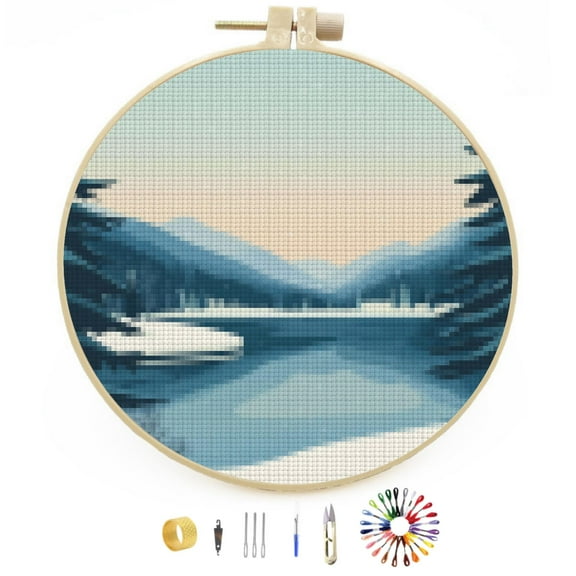 Landscape Winter Snow Lake and Trees DIY Stamped Cross Stitch Kits Easy for Beginners with Hoop 11CT Counted Embroidery Needlepoint Crafts Arts for Handmade Enthusiasts and Home Decor 30x30cm(6)