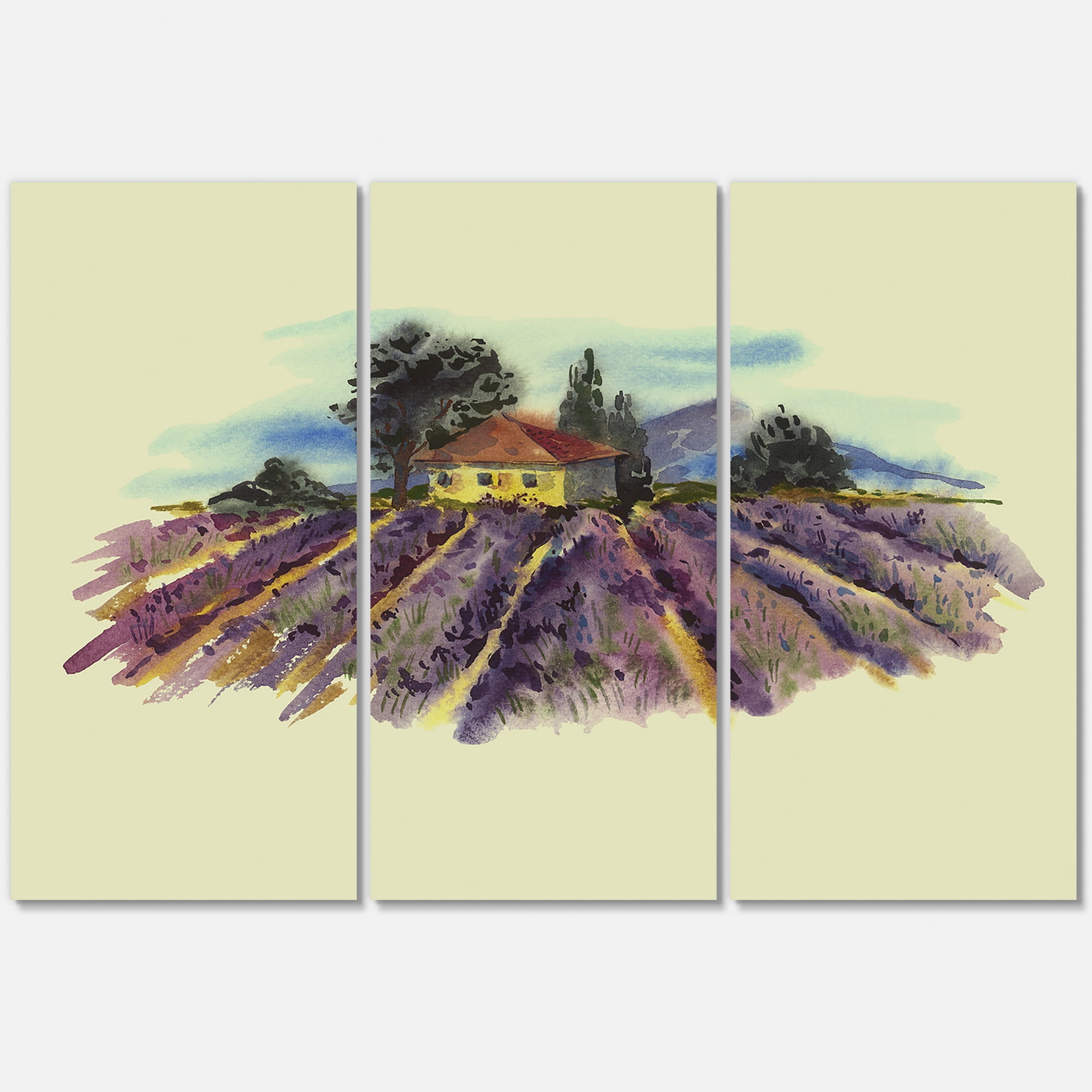 Landscape With Blooming Lavender and Village House 28 in x 36 in Painting Canvas Art Print, by Designart