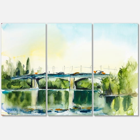 Landscape With Old Bridge Over River In The Countryside 28 in x 36 in Painting Canvas Art Print, by Designart