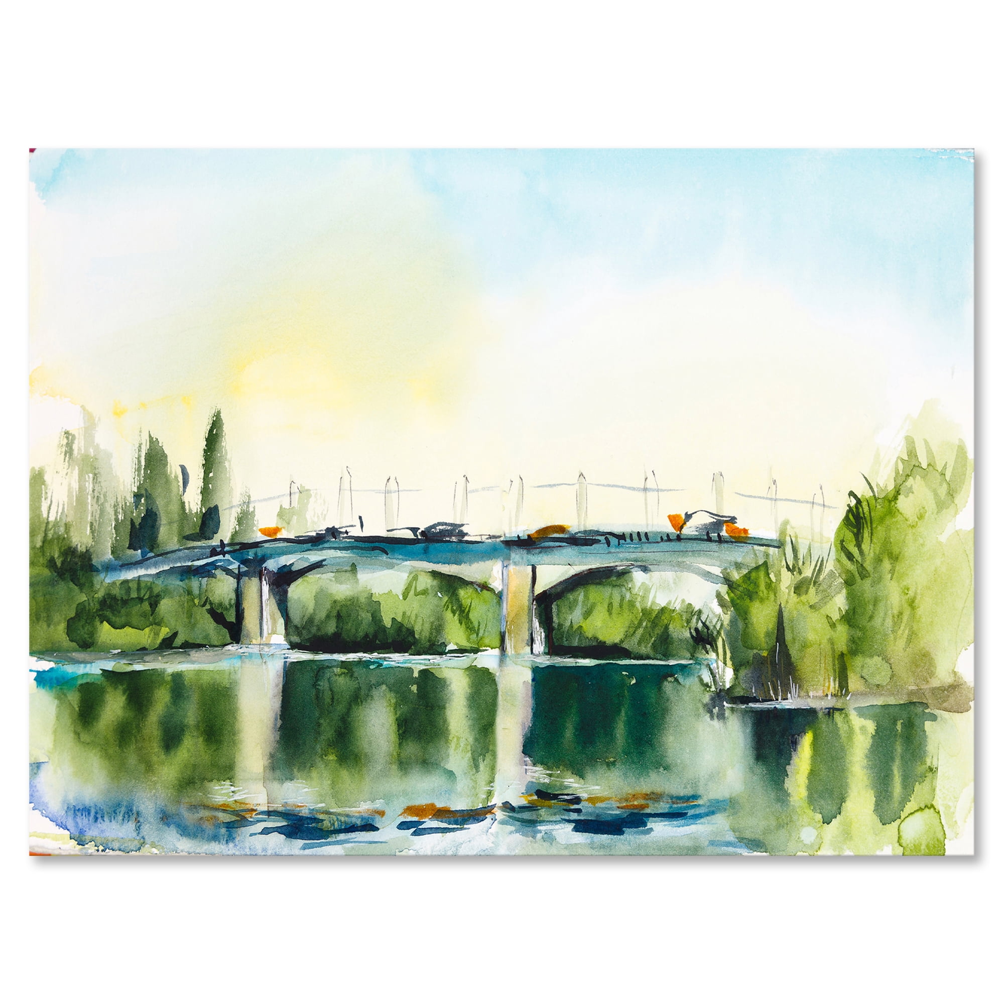 Landscape With Old Bridge Over River In The Countryside 32 in x 24 in Painting Canvas Art Print, by Designart