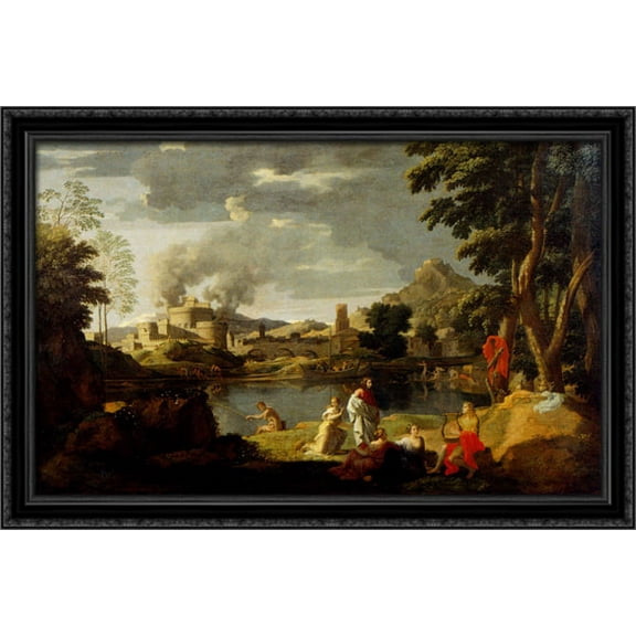 Landscape With Orpheus And Eurydice 40x26 Large Black Ornate Wood Framed Canvas Art by Nicolas Poussin