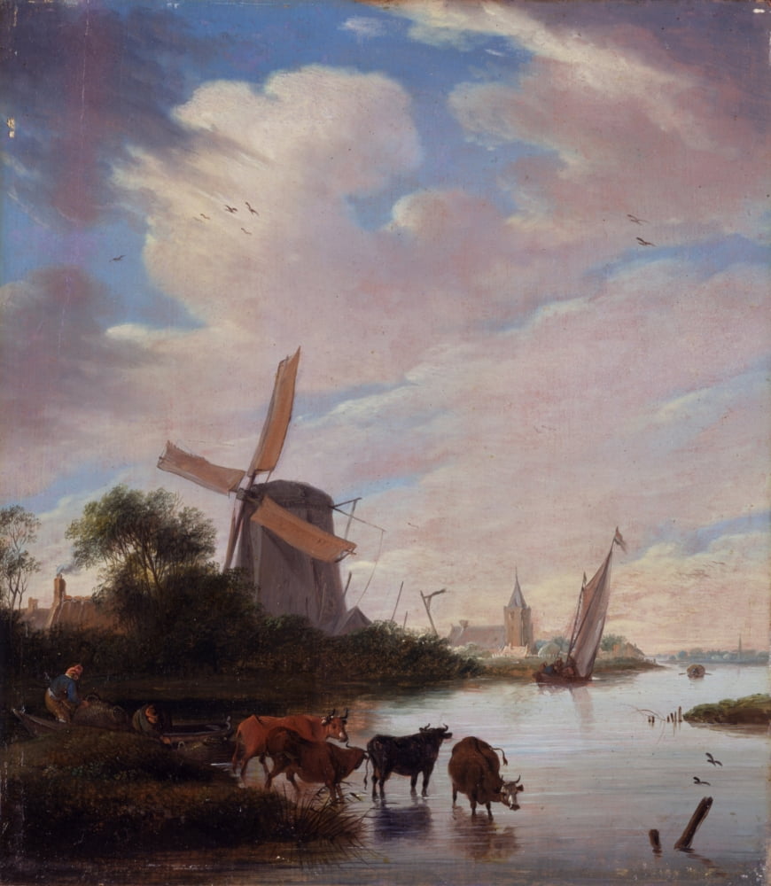 Landscape With Windmill Near A River Canvas Art - (18 x 24)