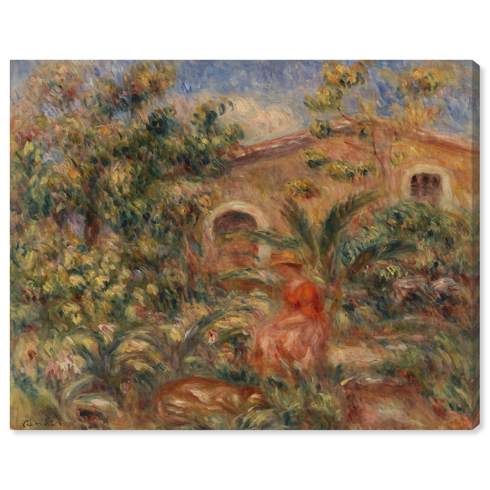 Vintage Landscape Canvas Art with Woman and Dog, 20" x 16"