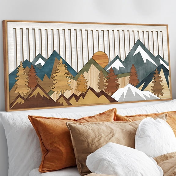 Landscape Wooden Wall Art Mountain Wood Wall Decor Framed Tree Forest Wall Painting Nature Scenery Cut out Wall Prints for Living Room Farmhouse Bedroom 16X32 In