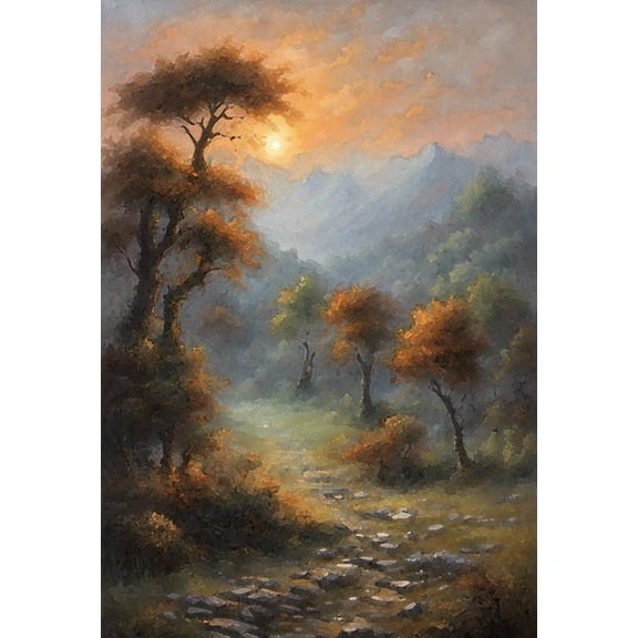 Landscape at Sunrise Romantic Era Oil Painting III - 12" x 18" Art Print Wall Decor