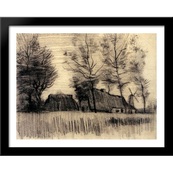 Landscape with Cottages and a Mill 36x28 Large Black Wood Framed Print Art by Vincent van Gogh