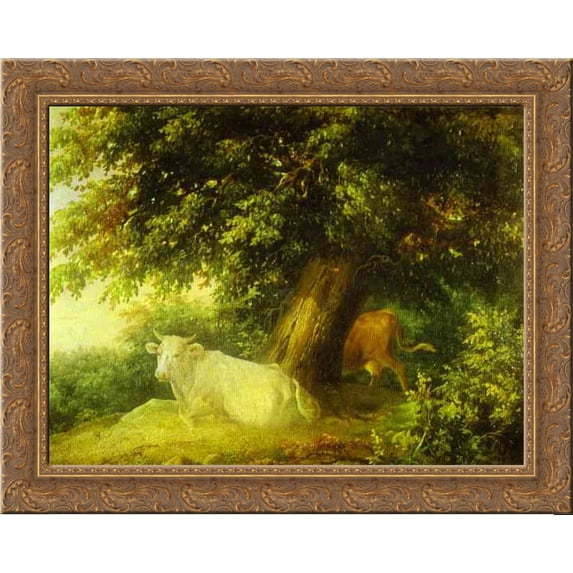 Landscape with Cows 24x20 Gold Ornate Wood Framed Canvas Art by Mikhail Lebedev