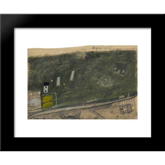 Landscape with Field, Chimneys and Road between Blue and Dark Green Cottages (Consols Mine) 20x24 Framed Art Print by Alfred Wallis