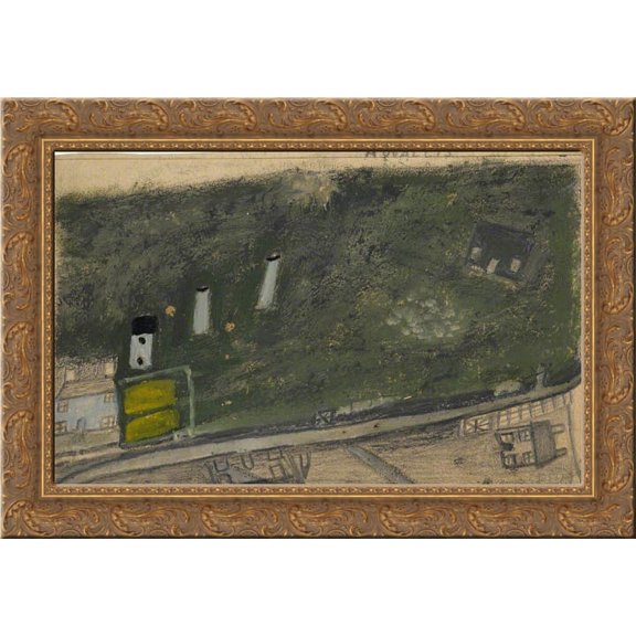 Landscape with Field, Chimneys and Road between Blue and Dark Green Cottages (Consols Mine) 24x18 Gold Ornate Wood Framed Canvas Art by Alfred Wallis