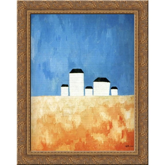 Landscape with Five Houses 20x24 Gold Ornate Wood Framed Canvas Art by Malevich, Kazimir