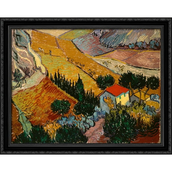 Landscape with House and Ploughman 34x28 Large Black Ornate Wood Framed Canvas Art by Vincent van Gogh