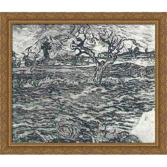 Landscape with Olive Tree and Mountains in the Background 32x28 Large Gold Ornate Wood Framed Canvas Art by Vincent van Gogh