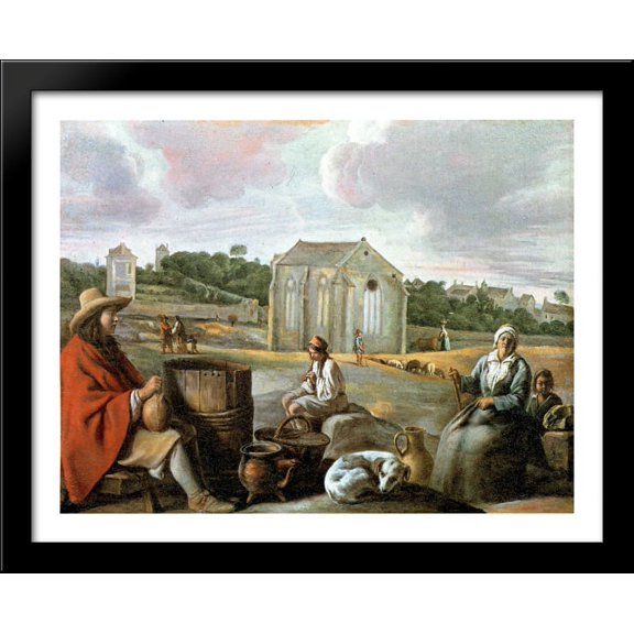 Landscape with Peasants and a Chapel 36x28 Large Black Wood Framed Print Art by Le Nain brothers