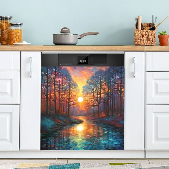 Landscape with Sunset Magnetic Dishwasher Cover Magnet Refrigerator Dishwasher Sticker Home Decorative Art Kitchen Panel Decal 23x26 Inch