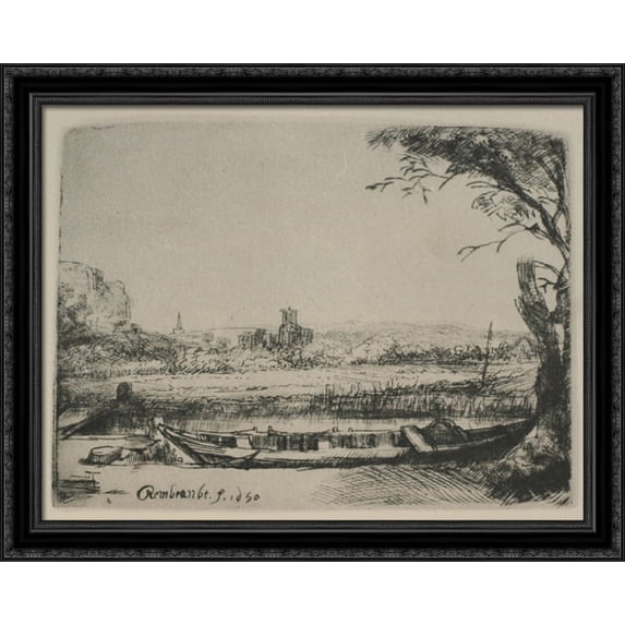 Landscape with a Canal and Large Boat 34x28 Large Black Ornate Wood Framed Canvas Art by Rembrandt