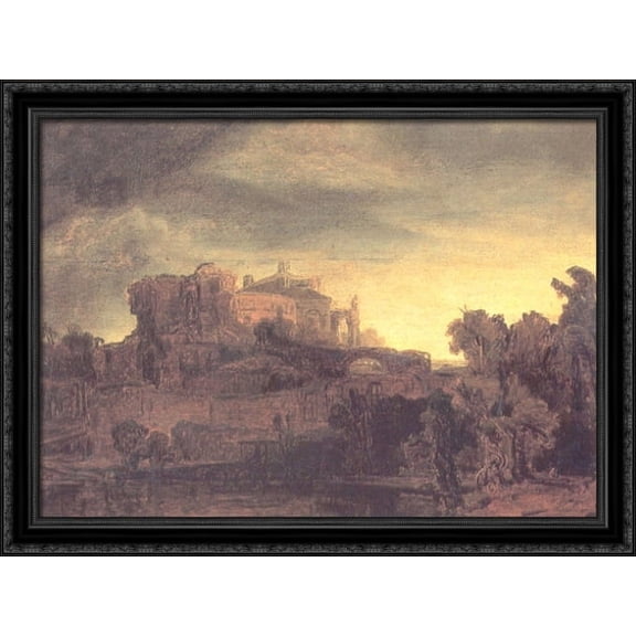 Landscape with a Castle 36x28 Large Black Ornate Wood Framed Canvas Art by Rembrandt