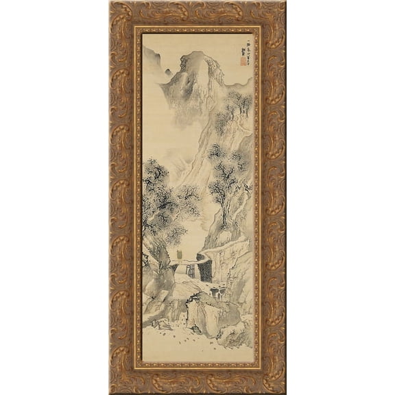 Landscape with a Solitary Traveler 24x12 Gold Ornate Wood Framed Canvas Art by Yosa Buson