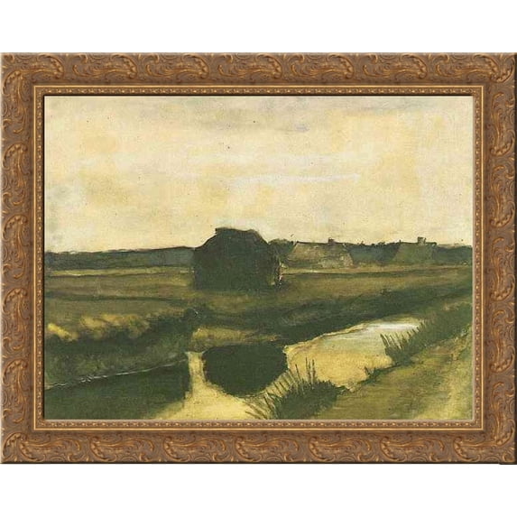 Landscape with a Stack of Peat and Farmhouses 24x20 Gold Ornate Wood Framed Canvas Art by Vincent van Gogh