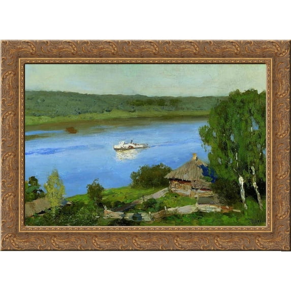 Landscape with a steamboat 24x18 Gold Ornate Wood Framed Canvas Art by Isaac Levitan