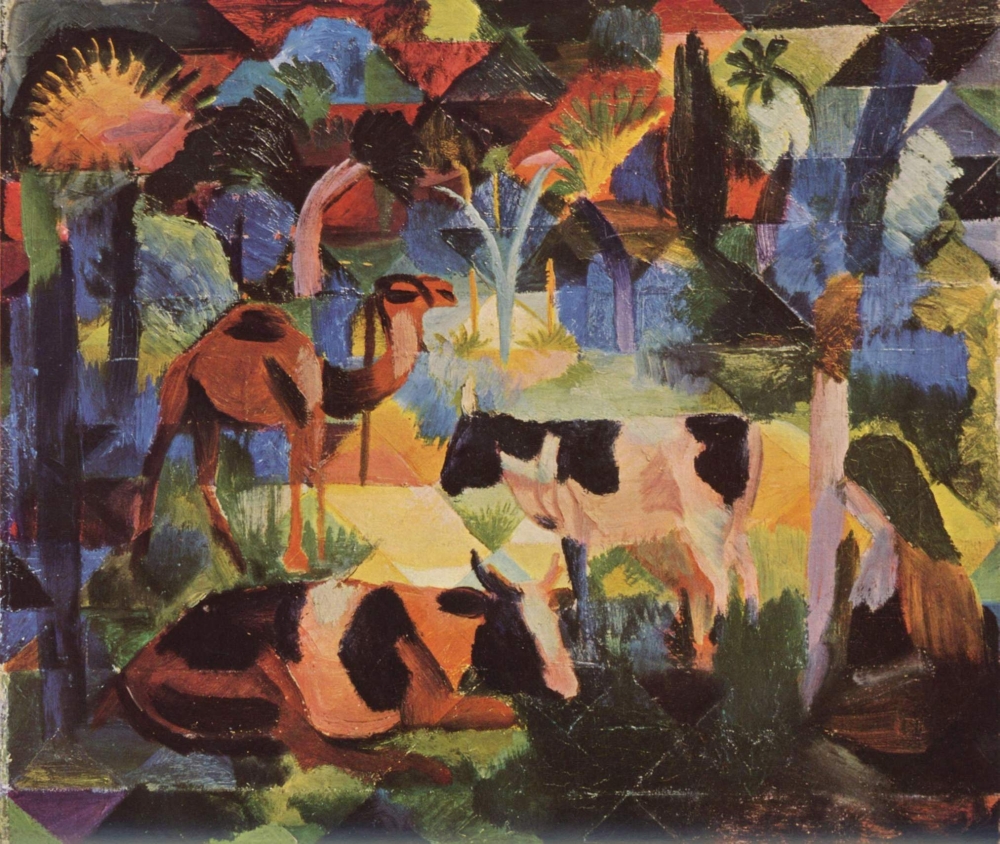 Landscape with cows and camel Canvas Art - August Macke (18 x 24)