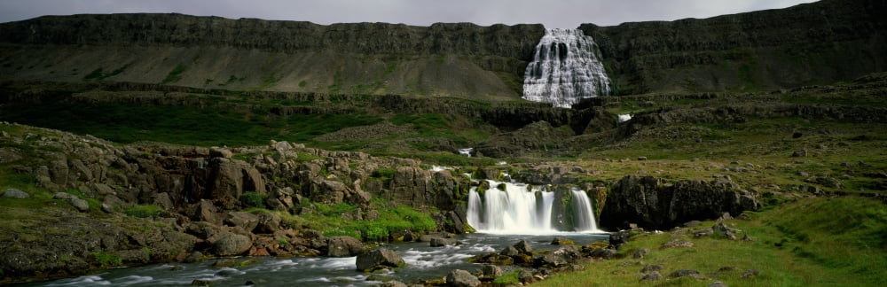 Landscape with waterfall and stream Iceland Canvas Art - Panoramic Images (27 x 9)