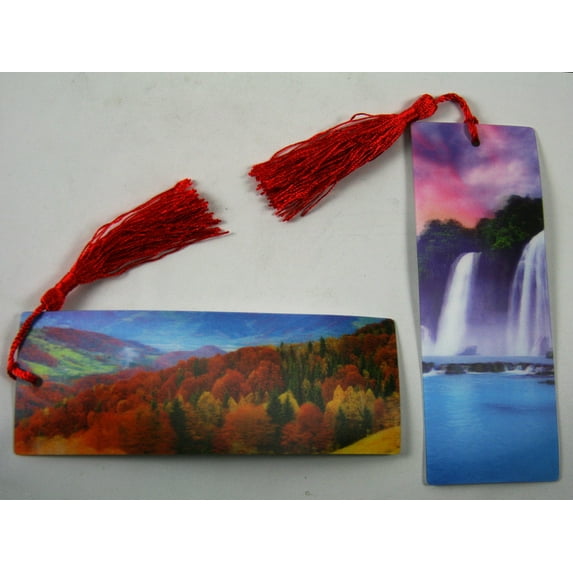 Landscapes - Waterfall & Autumn Trees w/ Red Tassle - 2 3D Lenticular Bookmarks