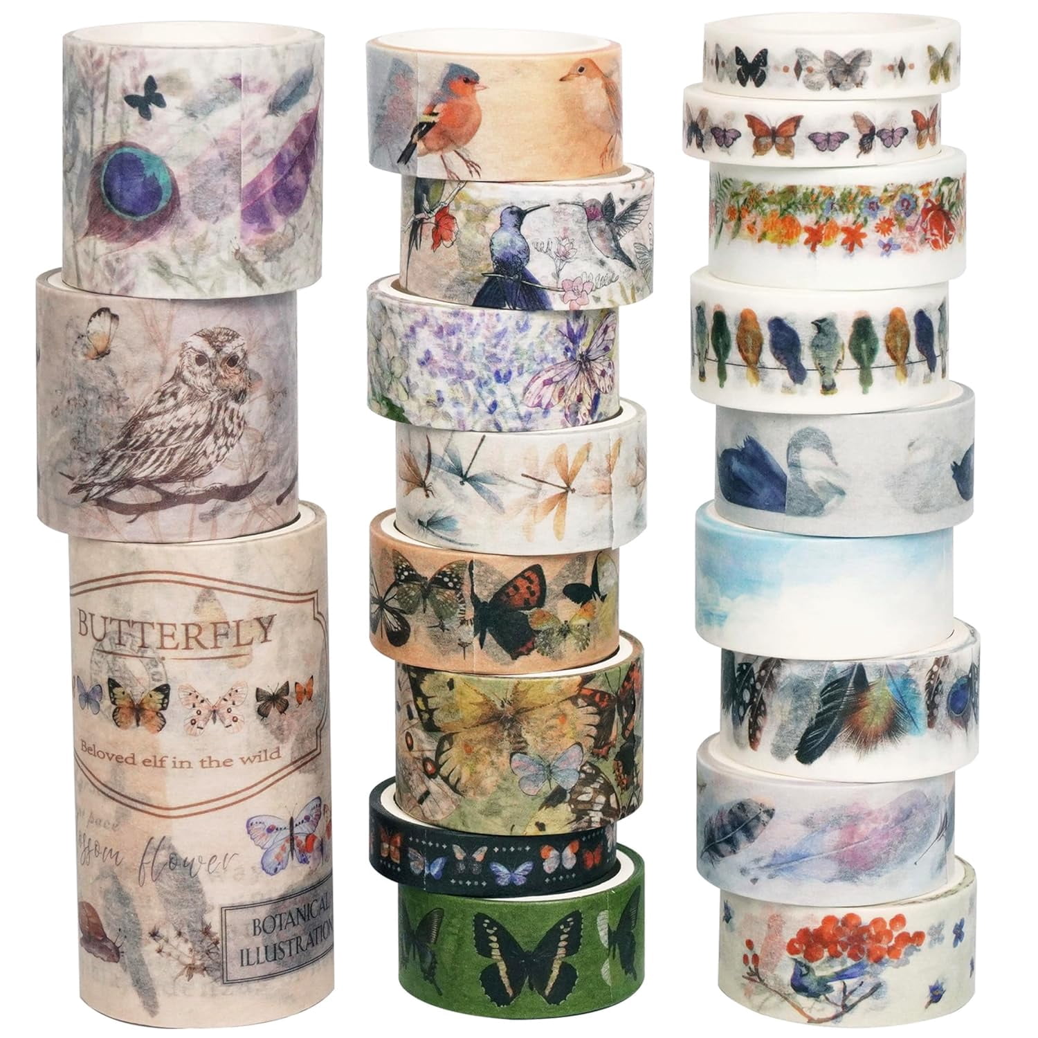 Landscaping Washi Tape Pack 20 Rolls Insects Birds Printed Masking Tape Vintage Decorative for Arts, DIY Crafts, Journal Supplies, Planners, Scrapbook, Card/Gift Wrapping