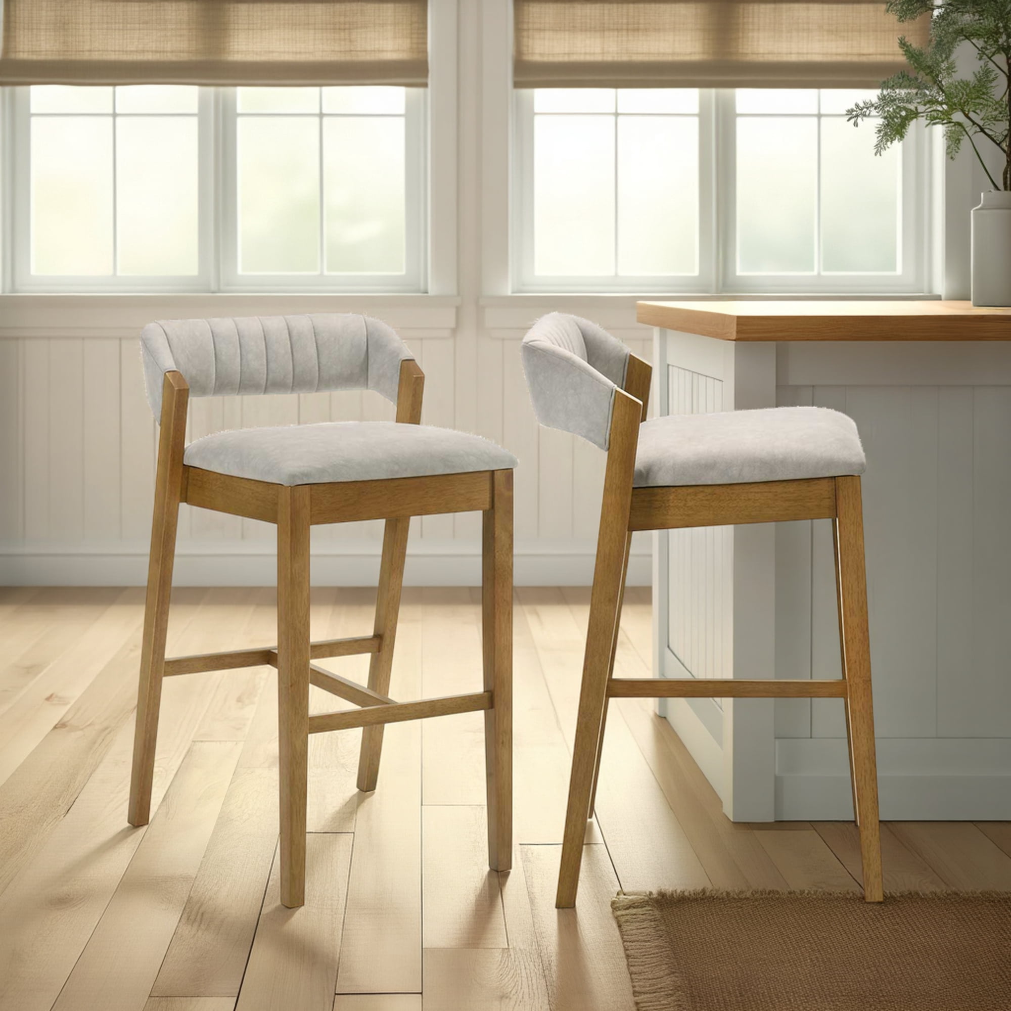 Landyn 26 in. Amber Glow Counter Height Rubberwood Barstool with Grey Fabric Seat - Set of 2