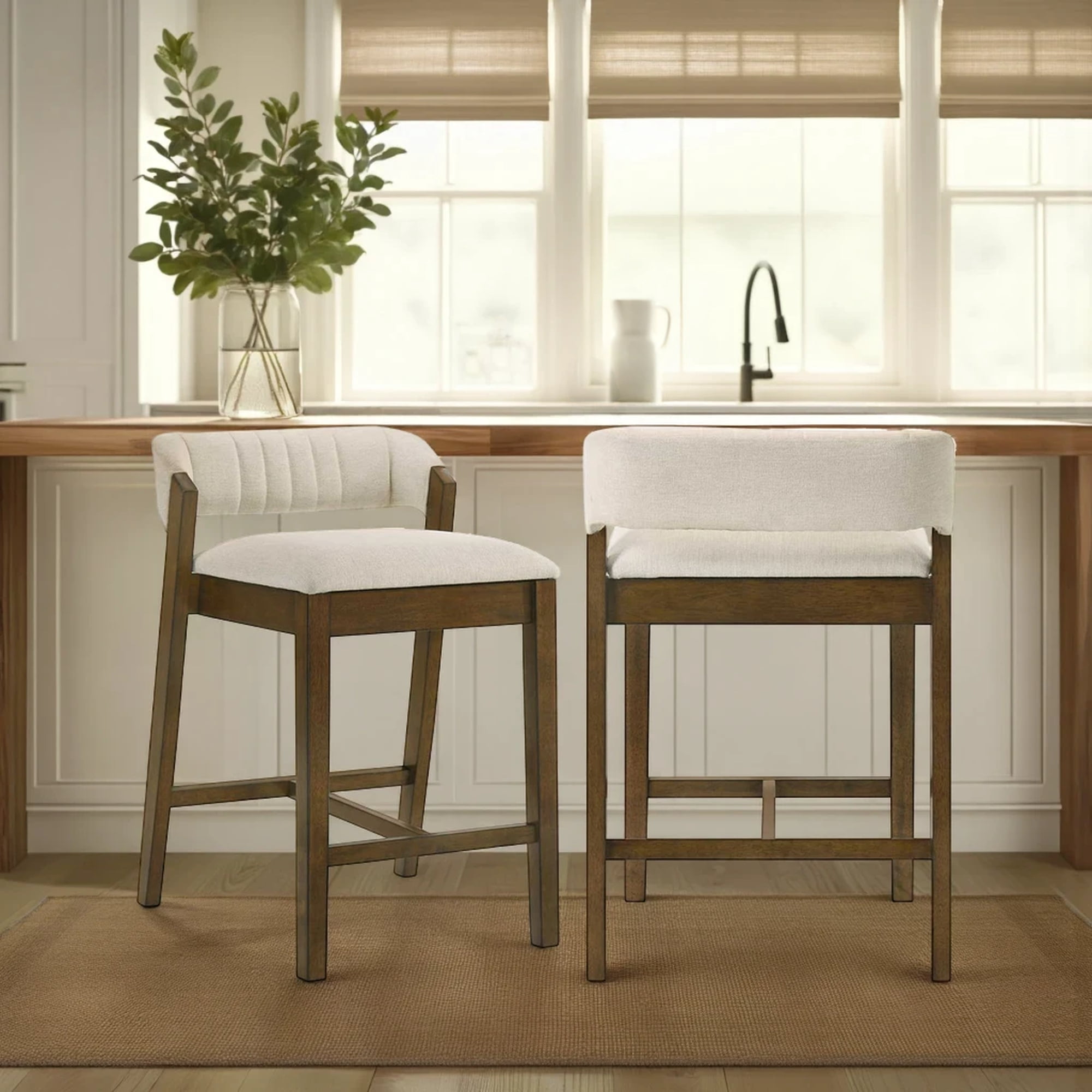 Landyn 26 in. Sepia Brown Counter Height Rubberwood Barstool with Ecru Fabric Seat - Set of 2