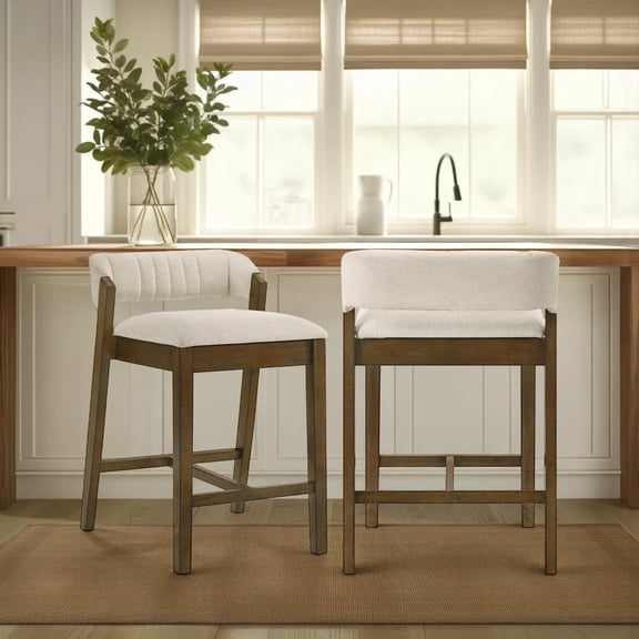 Landyn 26 in. Sepia Brown Counter Height Rubberwood Barstool with Ecru Fabric Seat - Set of 2