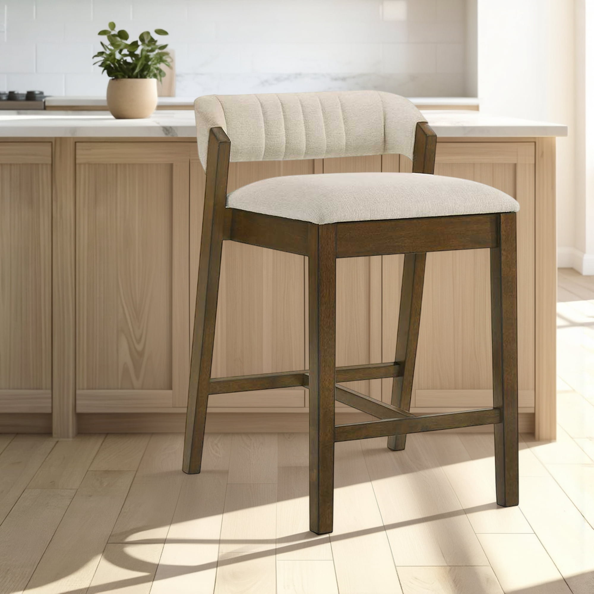 Landyn 26 in. Sepia Brown Counter Height Rubberwood Barstool with Ecru Fabric Seat - Set of 3
