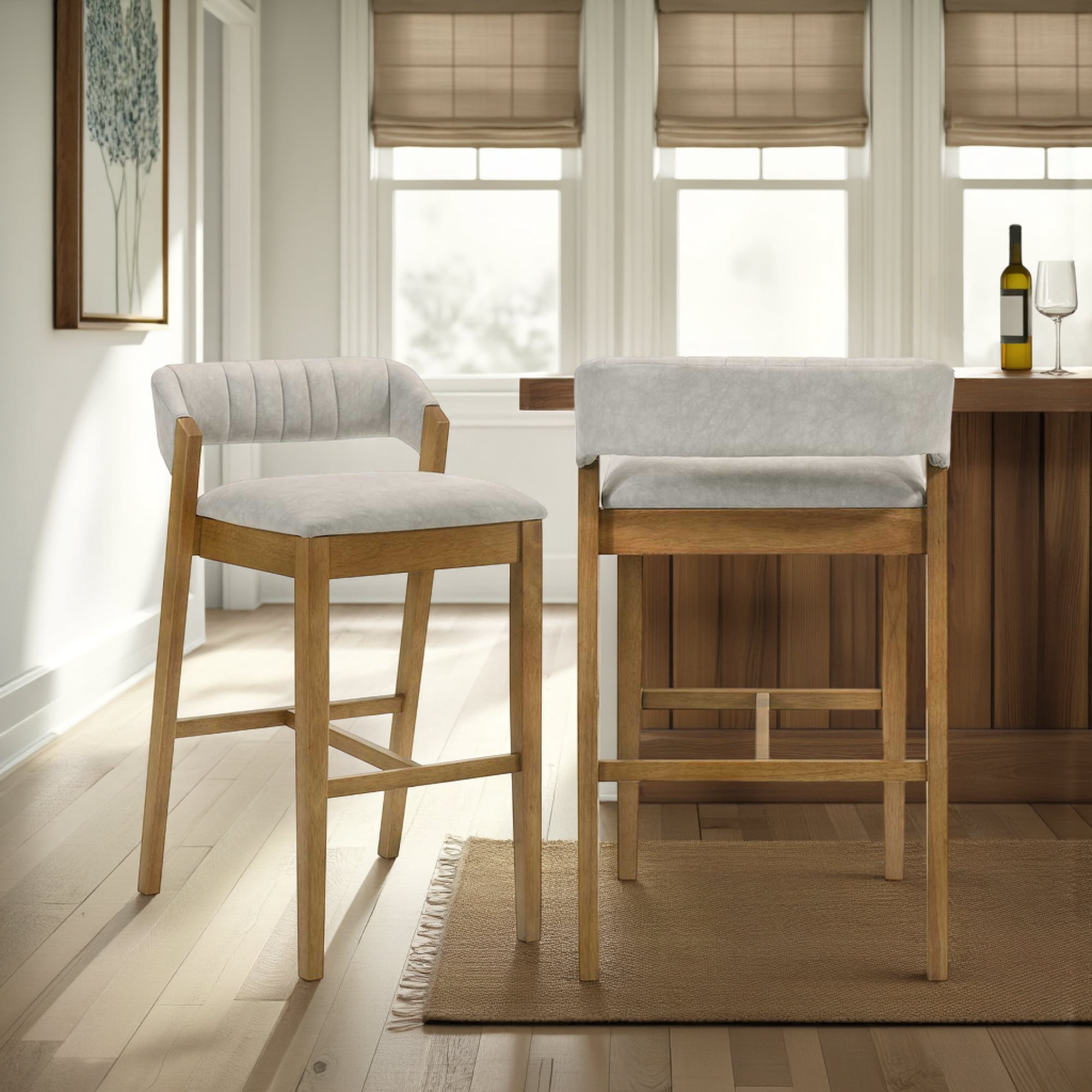 Landyn 30 in. Amber Glow Bar Height Rubberwood Barstool with Grey Grey Fabric Seat - Set of 2