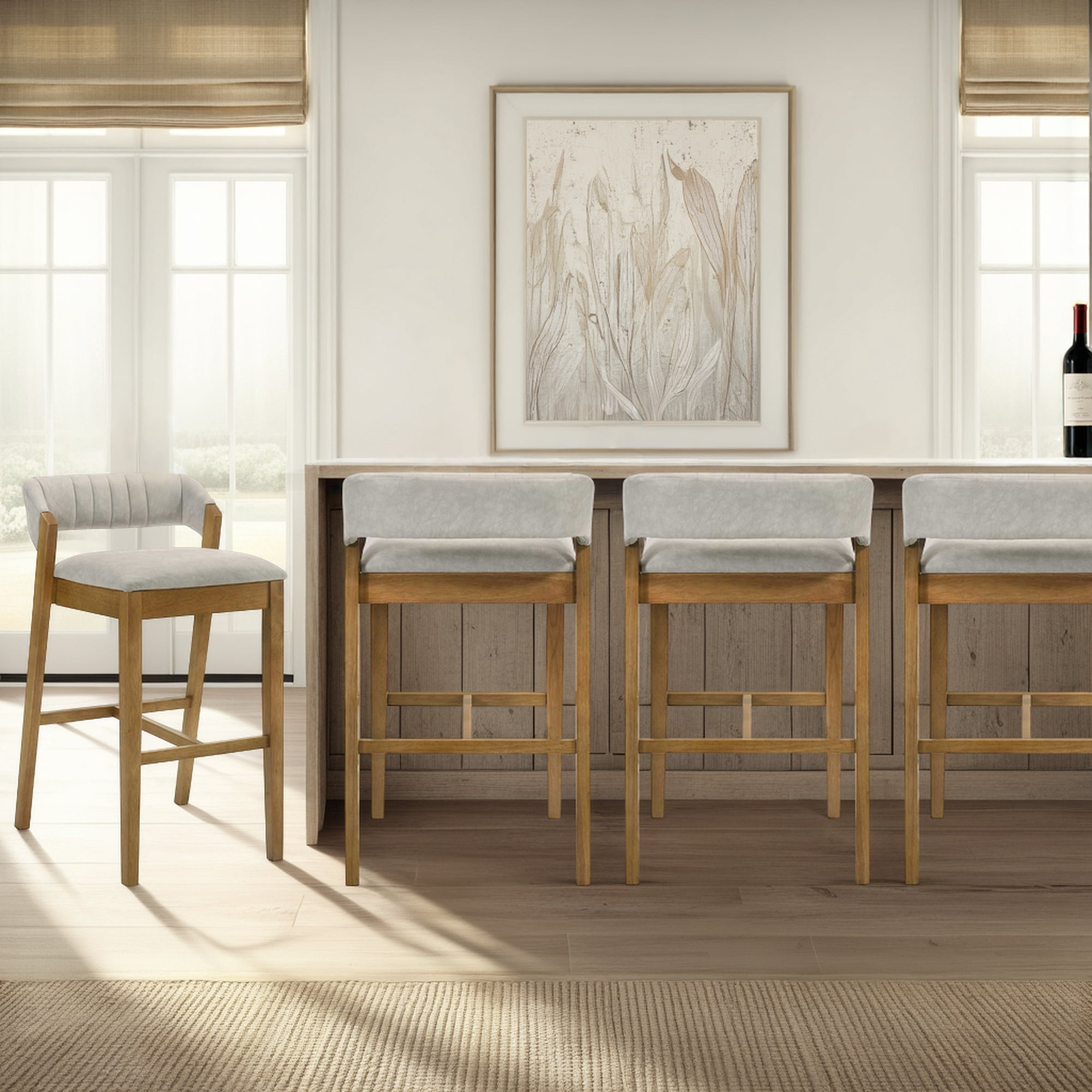 Landyn 30 in. Amber Glow Bar Height Rubberwood Barstool with Grey Grey Fabric Seat - Set of 4