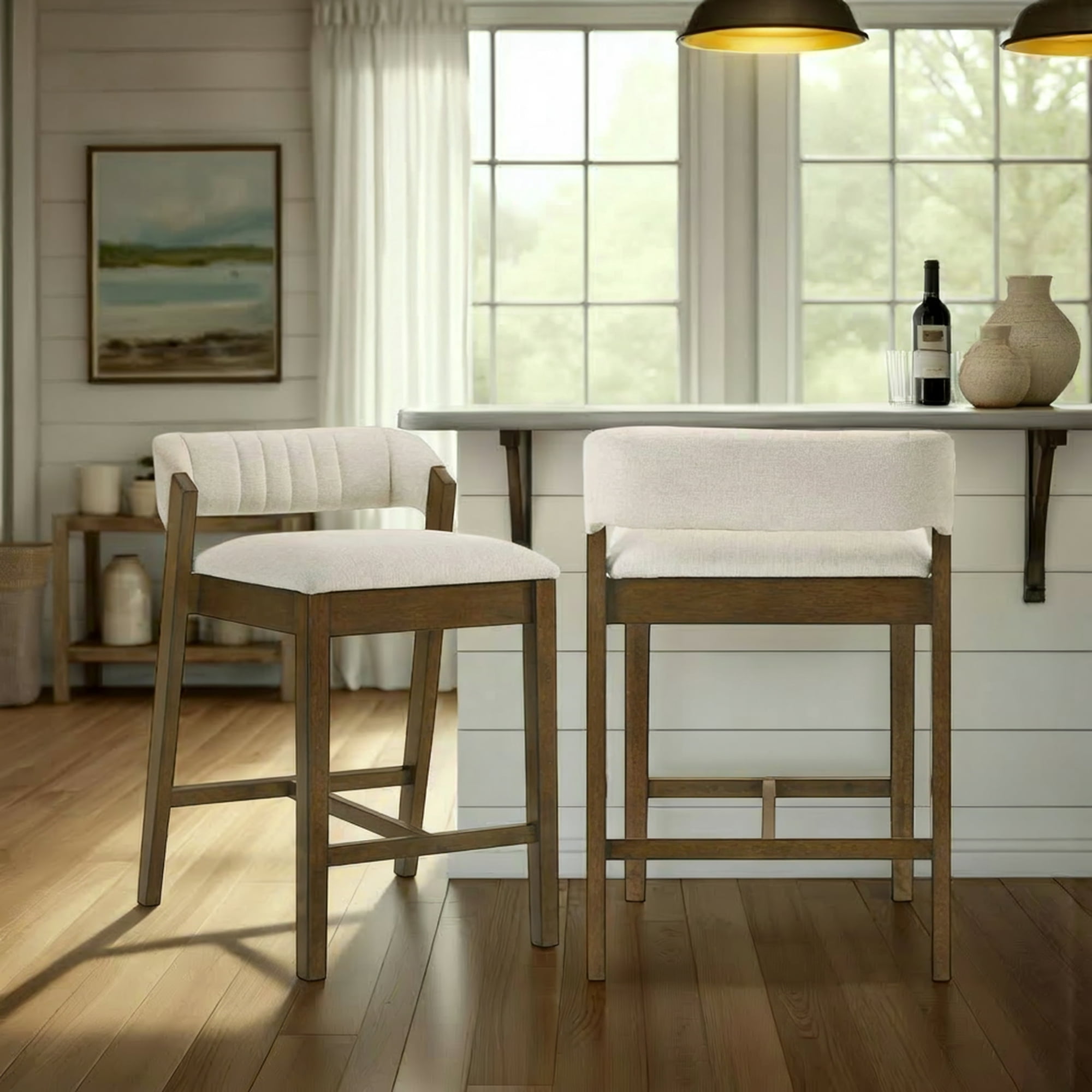 Landyn 30 in. Sepia Brown Bar Height Rubberwood Barstool with Ecru Fabric Seat - Set of 2