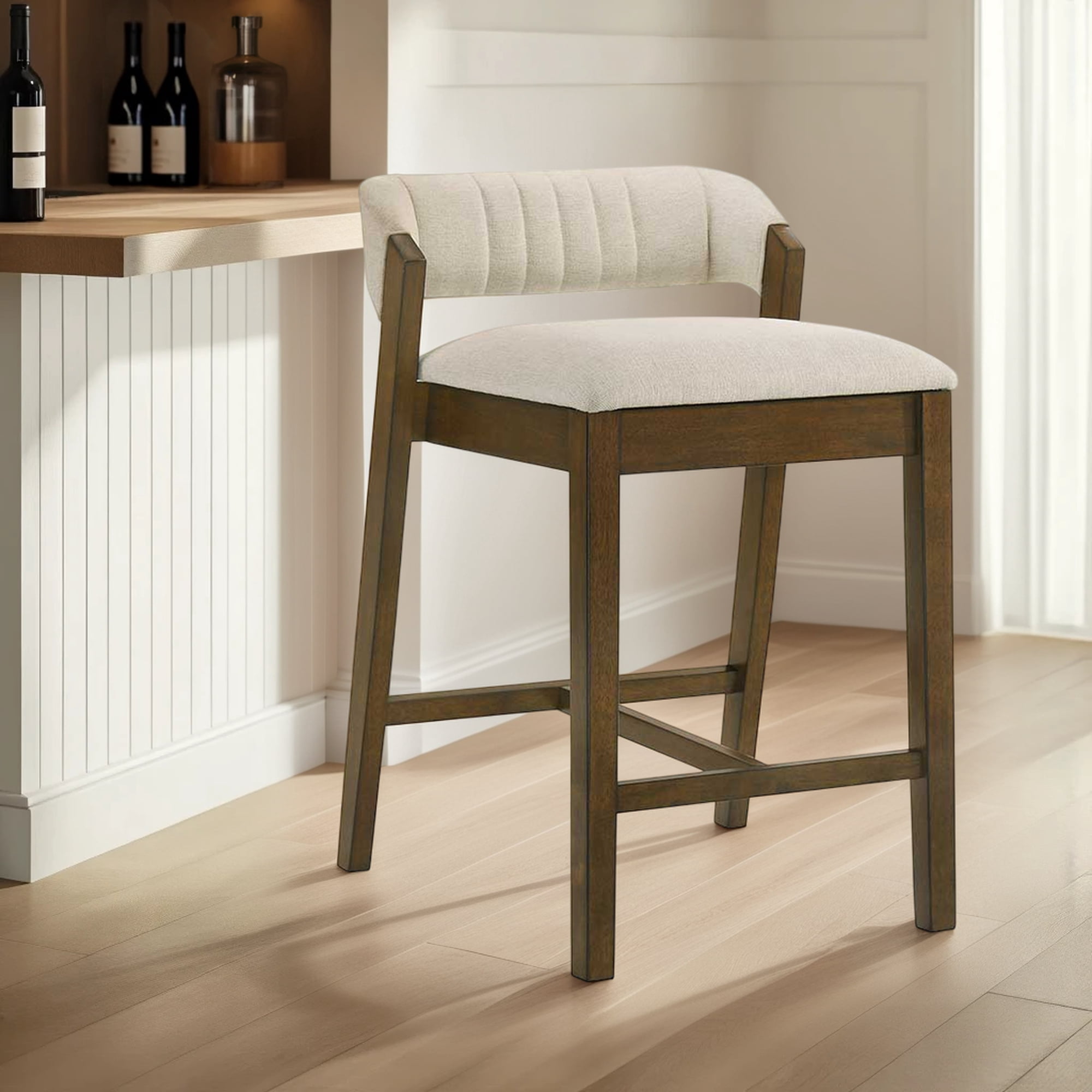 Landyn 30 in. Sepia Brown Bar Height Rubberwood Barstool with Ecru Fabric Seat - Set of 3