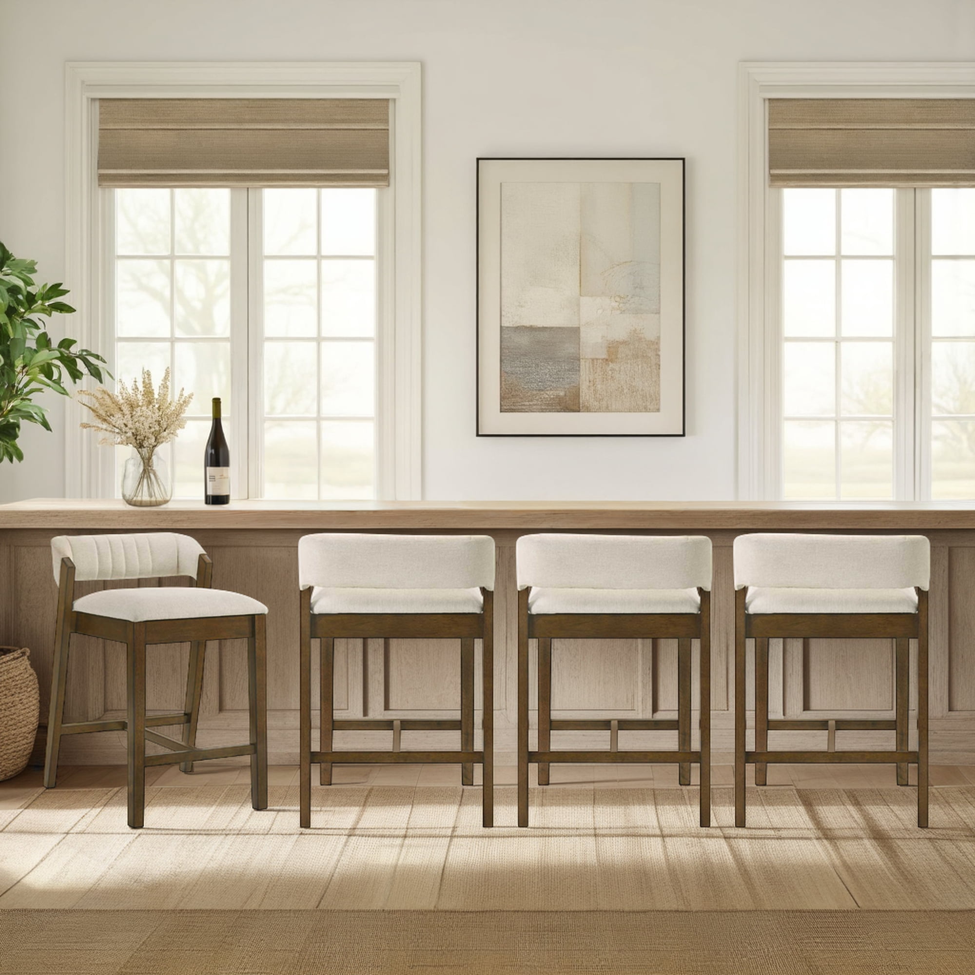 Landyn 30 in. Sepia Brown Bar Height Rubberwood Barstool with Ecru Fabric Seat - Set of 4