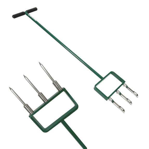 Landzie Hollow and Spike Tine Lawn Aerator Set - Includes 1 Aerator + Set of 3 Hollow Tines and 3 Spike Tines - 42 inch Manual Stainless Steel Gardening Hand Tool - Grass Aerator Lawn Tool