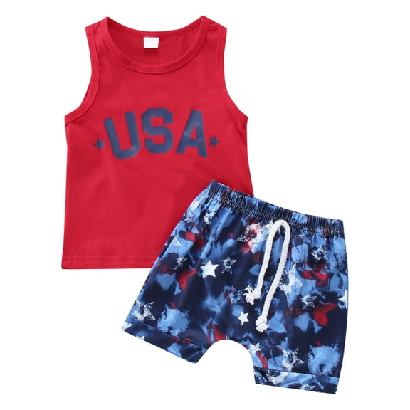 Landzoo 4Th Of July Toddler Boys Outfit Set Letter Print Short Sleeve Crew Neck T-Shirt With Shorts Set Summer Casual Boy Outfit Size 12-18 Months Red