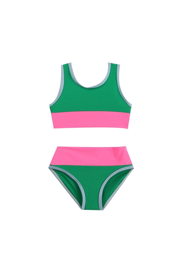 Bikini Swimsuit For Girls Colorblock Sleeveless Crew Neck Top With Shorts Outfit Summer Holiday Sweet Girls Swimwear Size 7-8 Years Green