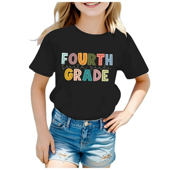 Landzoo Children's Fashion Back To School Season Printed Round Neck Short Sleeve Casual T Shirt Top (11) Cute Breathable Cozy Girls Tops